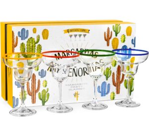 10 oz margarita cocktail glasses + colorful party rims | set of 4 | classic frozen drinks stemware + fun cactus gift box | thick stem, heavy duty, clear hand blown glassware drinking set