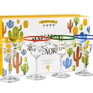 10 oz Margarita Cocktail Glasses + Colorful Party Rims | Set of 4 | Classic Frozen Drinks Stemware + Fun Cactus Gift Box | Thick Stem, Heavy Duty, Clear Hand Blown Glassware Drinking Set