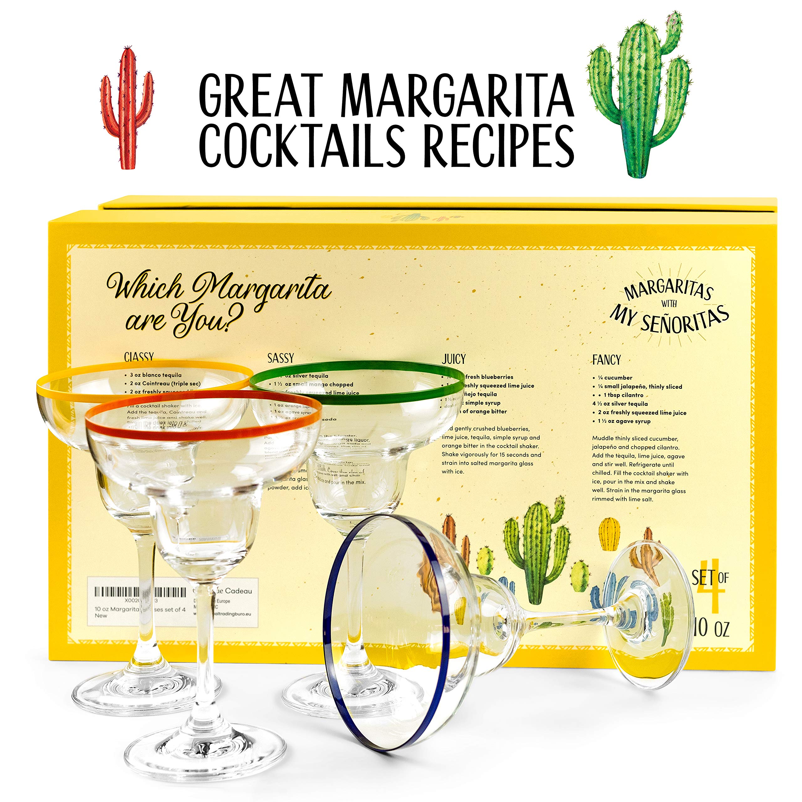 10 oz Margarita Cocktail Glasses + Colorful Party Rims | Set of 4 | Classic Frozen Drinks Stemware + Fun Cactus Gift Box | Thick Stem, Heavy Duty, Clear Hand Blown Glassware Drinking Set