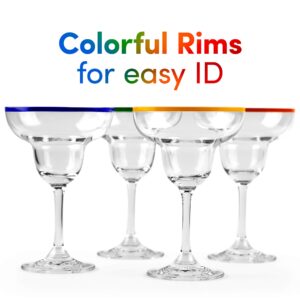 10 oz Margarita Cocktail Glasses + Colorful Party Rims | Set of 4 | Classic Frozen Drinks Stemware + Fun Cactus Gift Box | Thick Stem, Heavy Duty, Clear Hand Blown Glassware Drinking Set