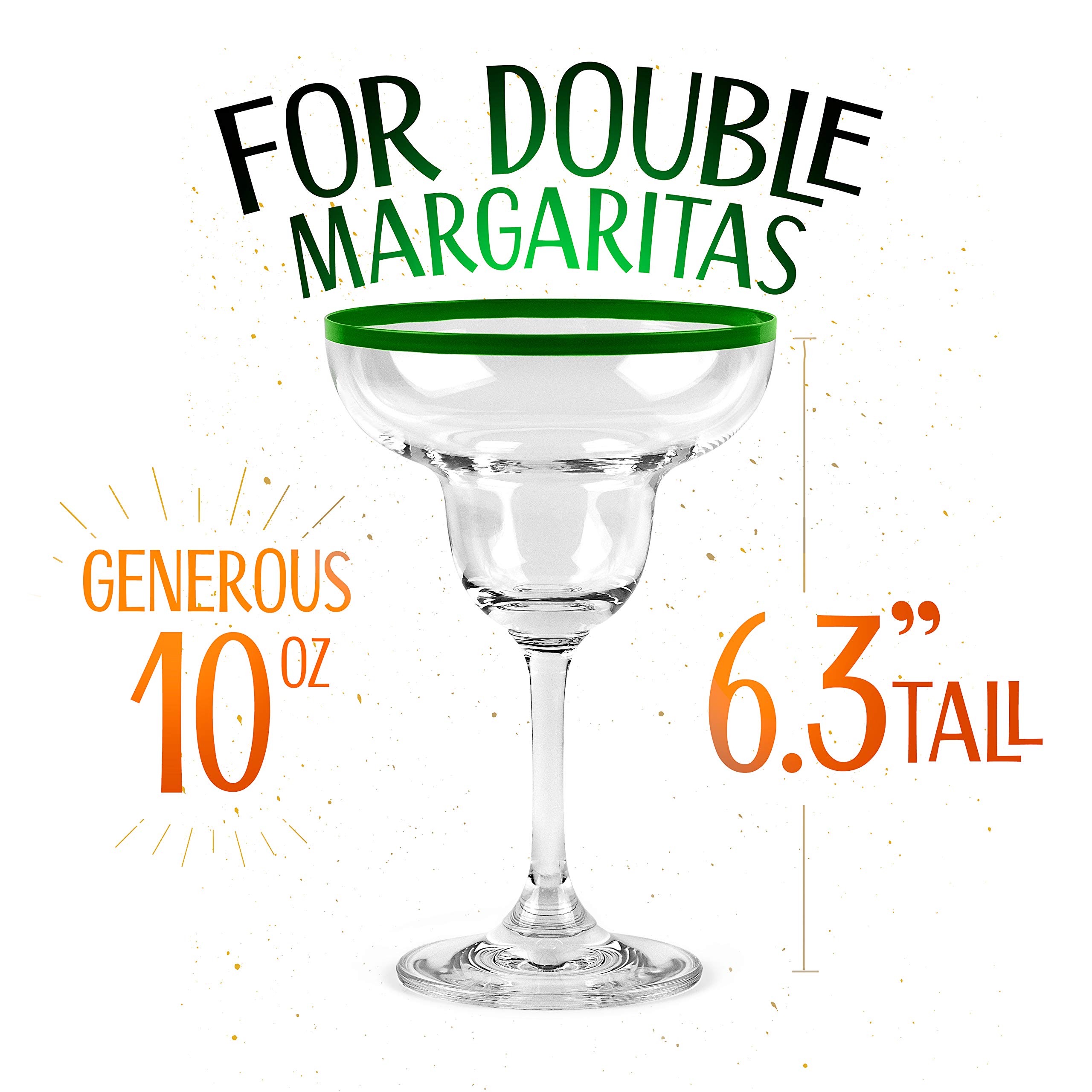 10 oz Margarita Cocktail Glasses + Colorful Party Rims | Set of 4 | Classic Frozen Drinks Stemware + Fun Cactus Gift Box | Thick Stem, Heavy Duty, Clear Hand Blown Glassware Drinking Set