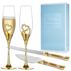 parihy wedding cake knife and sever set, wedding champagne flutes and cake knife server set, wedding gifts toasting glasses for couple bride and groom, cake cutting set for wedding, engagement