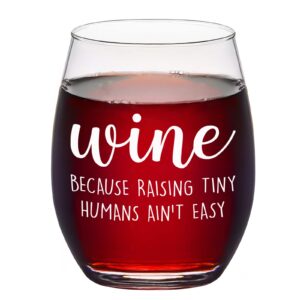 dazlute raising tiny humans ain’t easy stemless wine glass, mother’s day father’s day christmas birthday gag gifts for dad mom new parents women men from kids wife husband, funny 15oz wine glass
