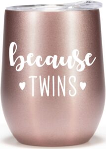 twin mom gifts - 12oz wine glass tumbler cup- funny mom of twins gifts, mother of twins, parents of twins, because twins travel coffee mug