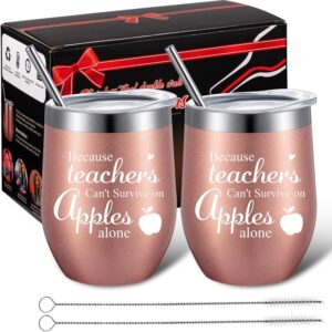 2 pieces teacher can't survive on apples alone, thank you teacher appreciation gift for women funny birthday christmas thanksgiving teacher gifts 12 oz wine tumbler with straw and cleaning brush