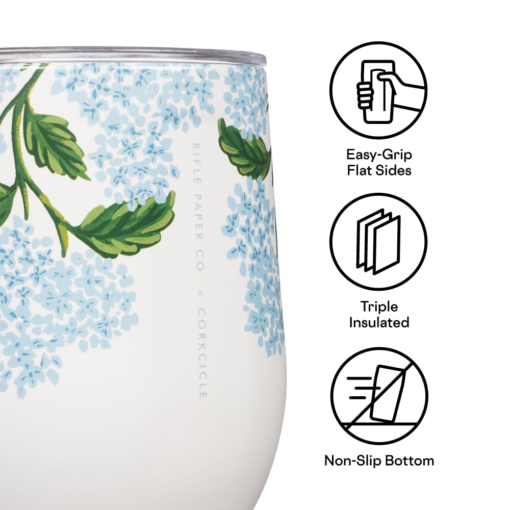 Corkcicle Rifle Paper Co. Stemless Wine Glass Tumbler with Lid, Insulated Travel Cup, Hydrangea, 12 oz