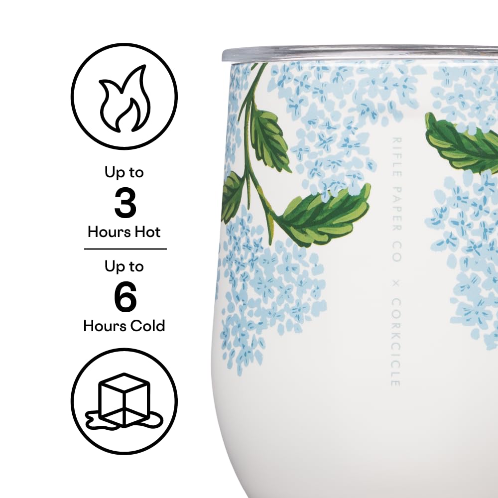 Corkcicle Rifle Paper Co. Stemless Wine Glass Tumbler with Lid, Insulated Travel Cup, Hydrangea, 12 oz