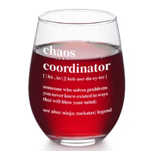 dazlute chaos coordinator stemless wine glass for her boss women best mom new mom coworker manager teacher boss lady office female, funny gifts idea for women mothers day birthday christmas, 17oz