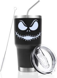 stainless steel three-layer insulation cute jack skellington cup 30 oz tumbler with lid and straws travel mugs funny coffee tea cups for menwomen boyfriend gifts (black)