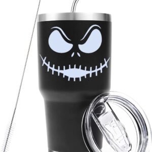 Stainless Steel Three-layer Insulation Cute jack skellington cup 30 oz tumbler with Lid and Straws travel mugs funny coffee tea cups for MenWomen boyfriend gifts (Black)