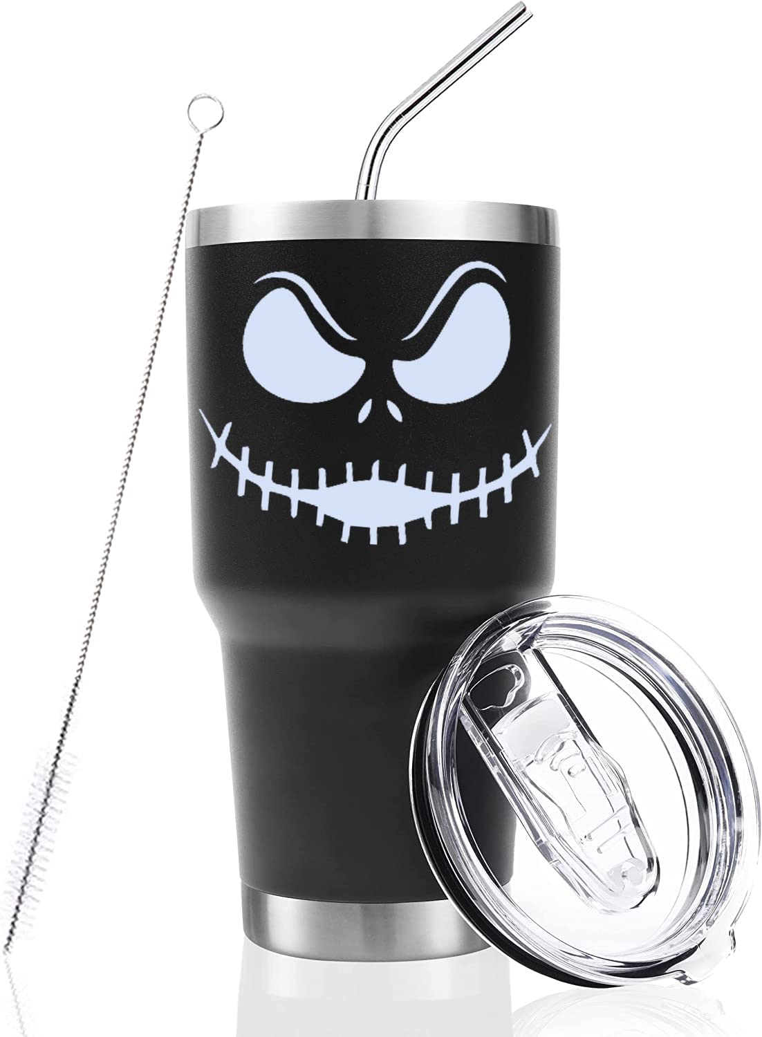 Stainless Steel Three-layer Insulation Cute jack skellington cup 30 oz tumbler with Lid and Straws travel mugs funny coffee tea cups for MenWomen boyfriend gifts (Black)