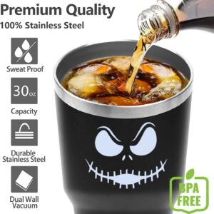 Stainless Steel Three-layer Insulation Cute jack skellington cup 30 oz tumbler with Lid and Straws travel mugs funny coffee tea cups for MenWomen boyfriend gifts (Black)