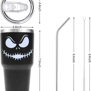 Stainless Steel Three-layer Insulation Cute jack skellington cup 30 oz tumbler with Lid and Straws travel mugs funny coffee tea cups for MenWomen boyfriend gifts (Black)