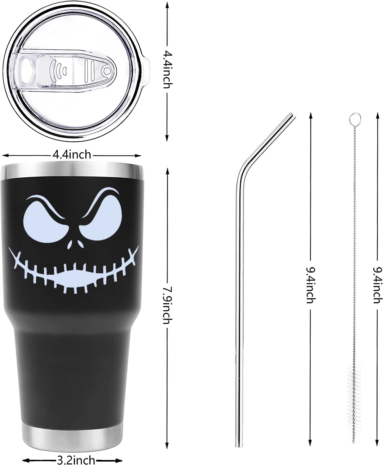 Stainless Steel Three-layer Insulation Cute jack skellington cup 30 oz tumbler with Lid and Straws travel mugs funny coffee tea cups for MenWomen boyfriend gifts (Black)