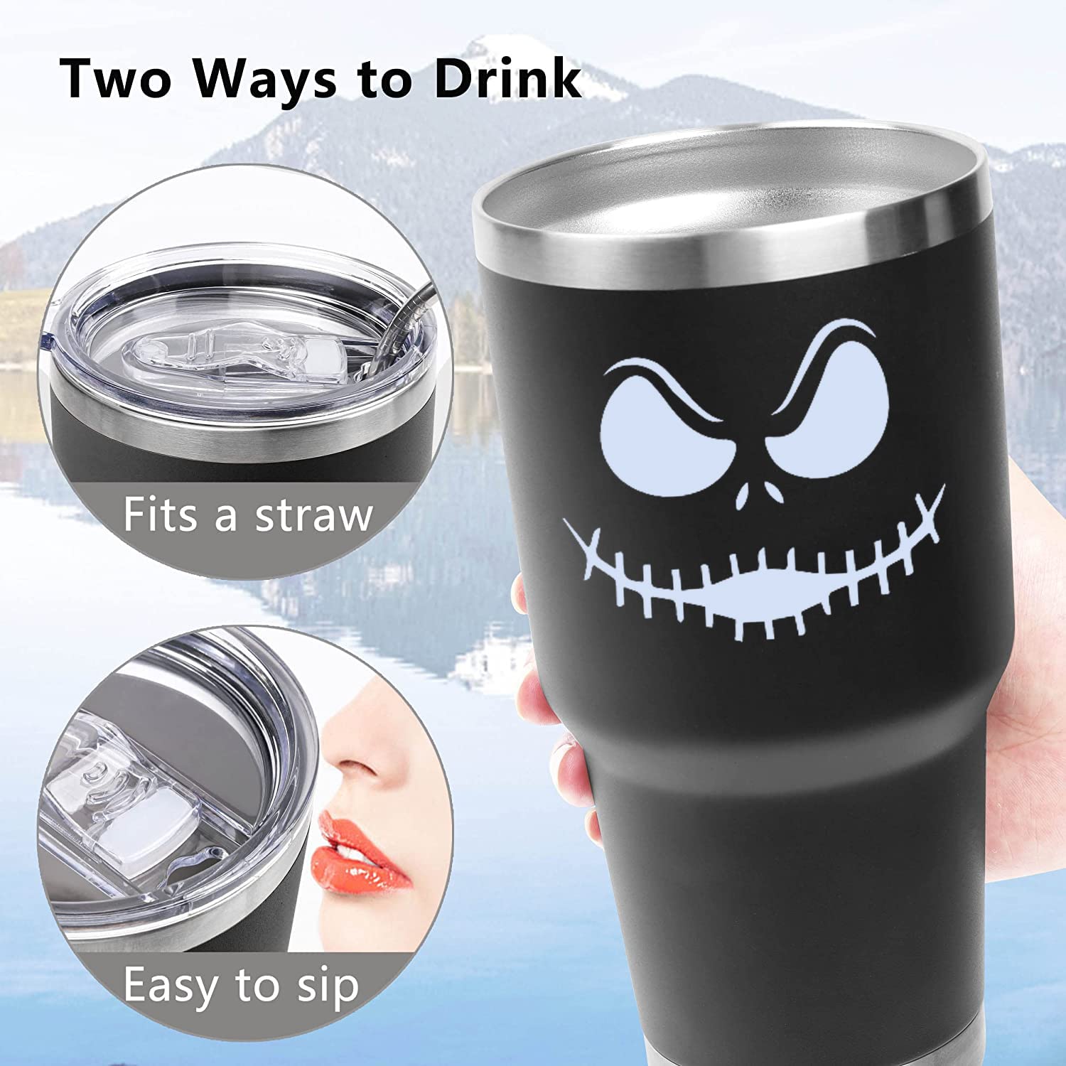 Stainless Steel Three-layer Insulation Cute jack skellington cup 30 oz tumbler with Lid and Straws travel mugs funny coffee tea cups for MenWomen boyfriend gifts (Black)