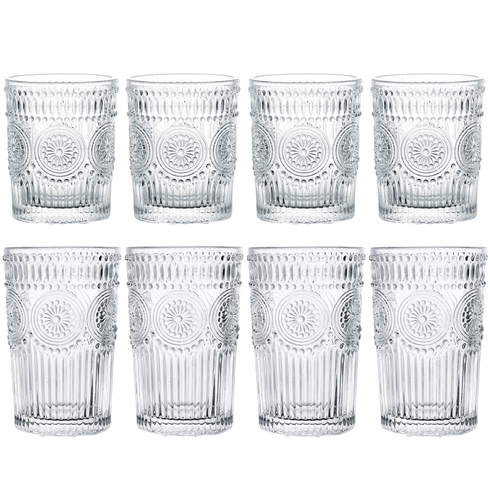 Kingrol Romantic Drinking Glasses, Set of 8-4 Highball Glasses (12 oz) and 4 Rocks Glasses (9 oz), Premium Glass Tumblers Glassware Set for Water, Beverages, Beer, Cocktails