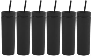 momocici skinny tumblers bulk.16oz matte pastel colored skinny tumblers with lids and straws.double walled plastic acrylic smoothie tea iced coffee tumbler cups.slim black tumbler set.(black)