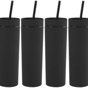 momocici Skinny Tumblers Bulk.16oz Matte Pastel Colored Skinny Tumblers with Lids and Straws.Double Walled Plastic Acrylic Smoothie Tea Iced Coffee Tumbler Cups.Slim Black Tumbler Set.(Black)