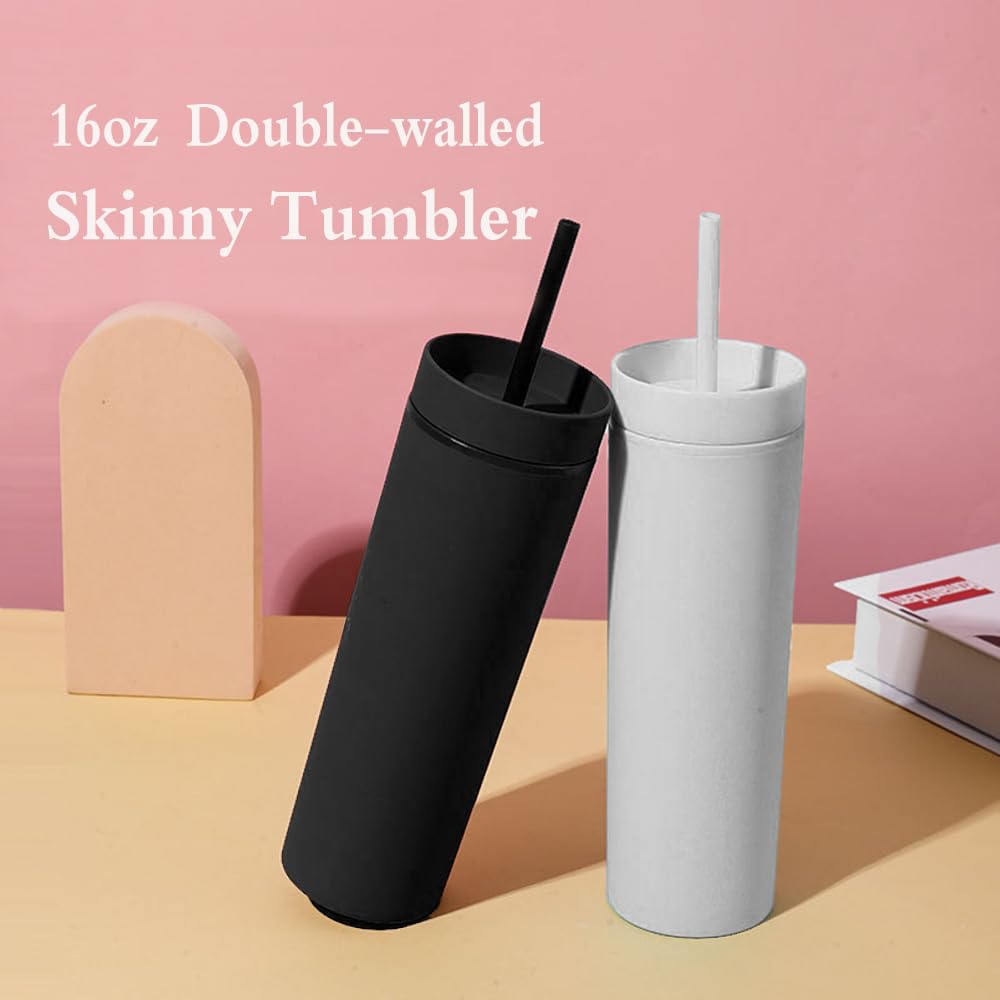 momocici Skinny Tumblers Bulk.16oz Matte Pastel Colored Skinny Tumblers with Lids and Straws.Double Walled Plastic Acrylic Smoothie Tea Iced Coffee Tumbler Cups.Slim Black Tumbler Set.(Black)