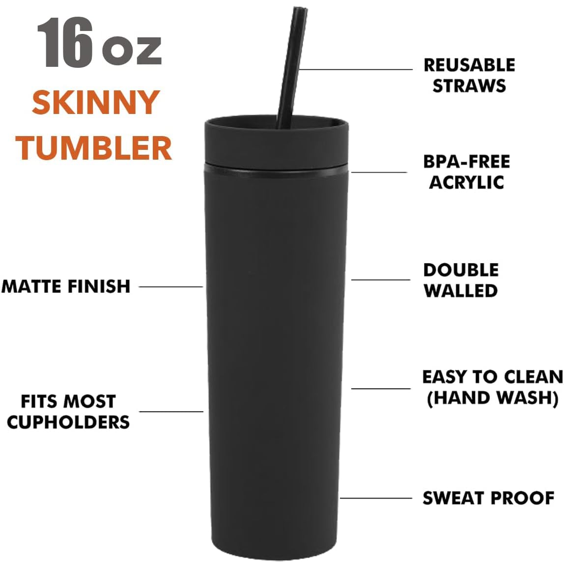 momocici Skinny Tumblers Bulk.16oz Matte Pastel Colored Skinny Tumblers with Lids and Straws.Double Walled Plastic Acrylic Smoothie Tea Iced Coffee Tumbler Cups.Slim Black Tumbler Set.(Black)