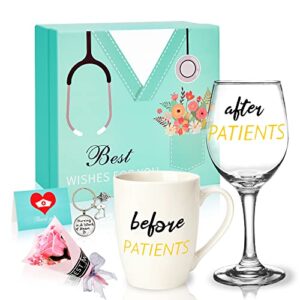 idewei before patients after patients gift set, nurse gifts for women coffee mug and wine glass idea for dentist, doctors unique nurse day birthday graduation appreciation gifts