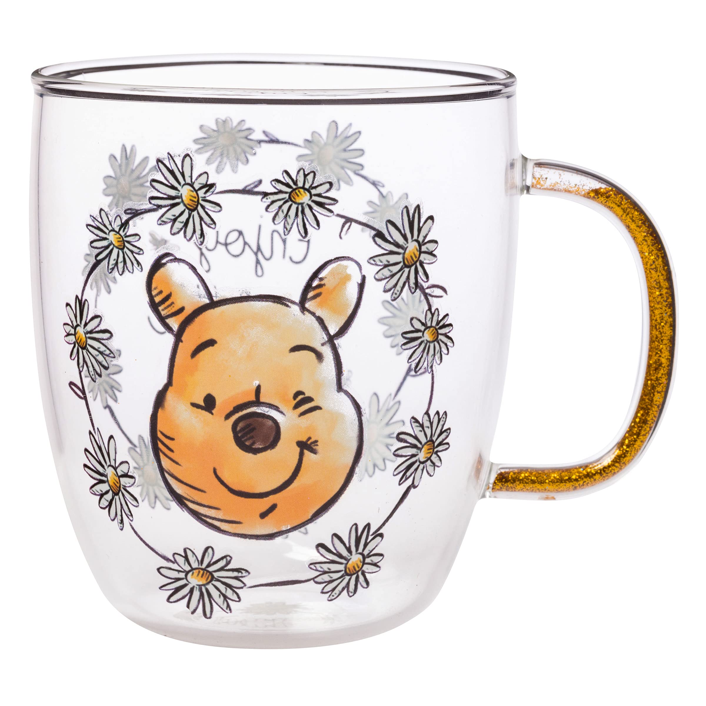 Silver Buffalo Disney Winnie the Pooh Enjoy The Little Things Glitter Handle Glass Mug, 14 Ounces