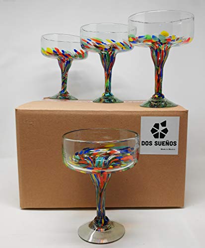 Mexican Hand Blown Glass – Set of 4 Hand Blown Margarita Glasses Confetti Carmen (16 oz)