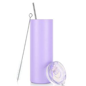 lifecapido stainless steel skinny tumbler, 20 oz tumbler with lid and straw, stainless steel tumbler, insulated slim tumbler, double wall vacuum insulated tumbler for hot cold drinks, light purple