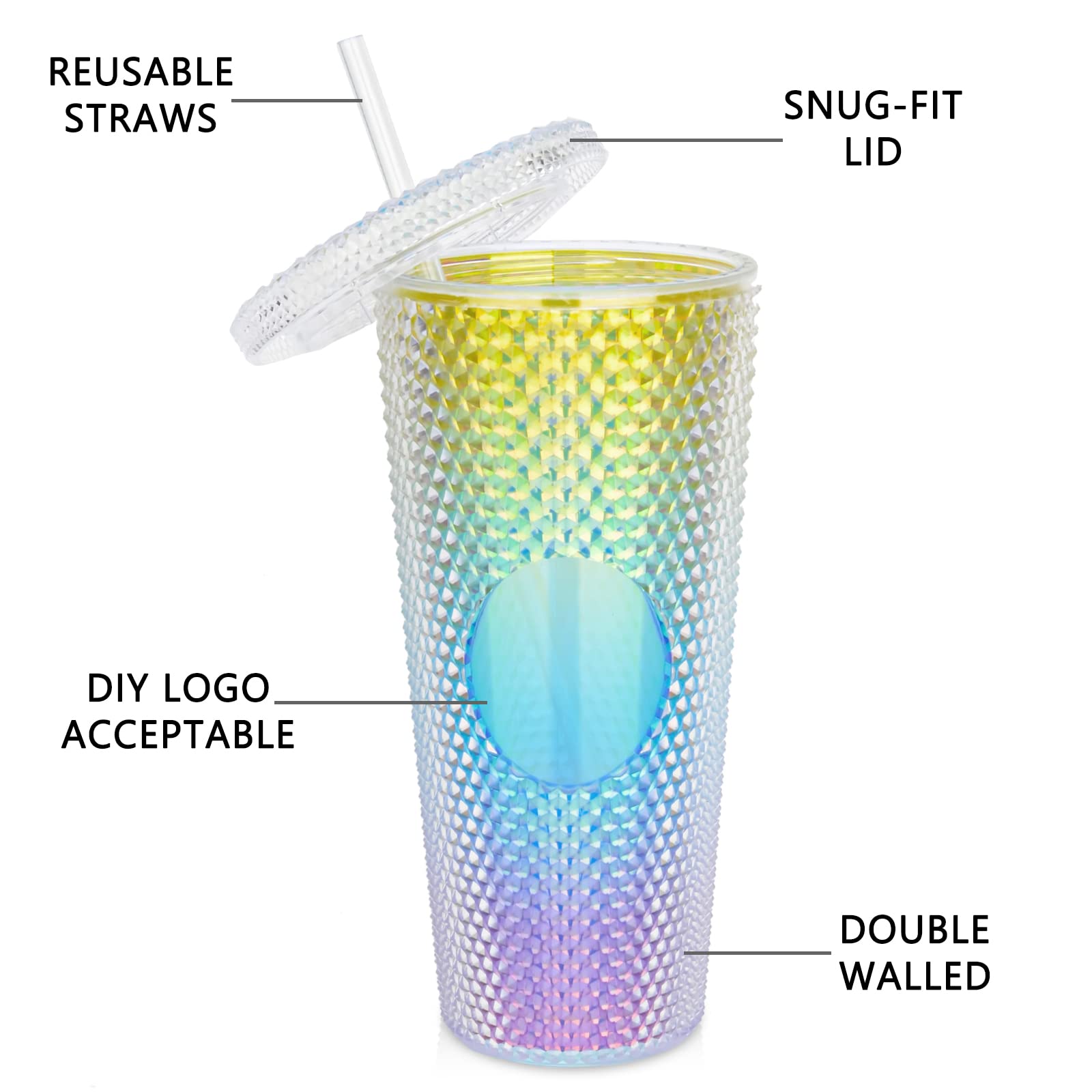 Luxfuel 24oz DIY Studded Tumbler with Lid and Straw,Reusable Plastic Acrylic Cup,Double Walled Iridescent Travel Tumbler for Iced Coffee,Cold Water,Smoothie,Wide Mouth,Spill Proof,100% BPA Free -2Pack