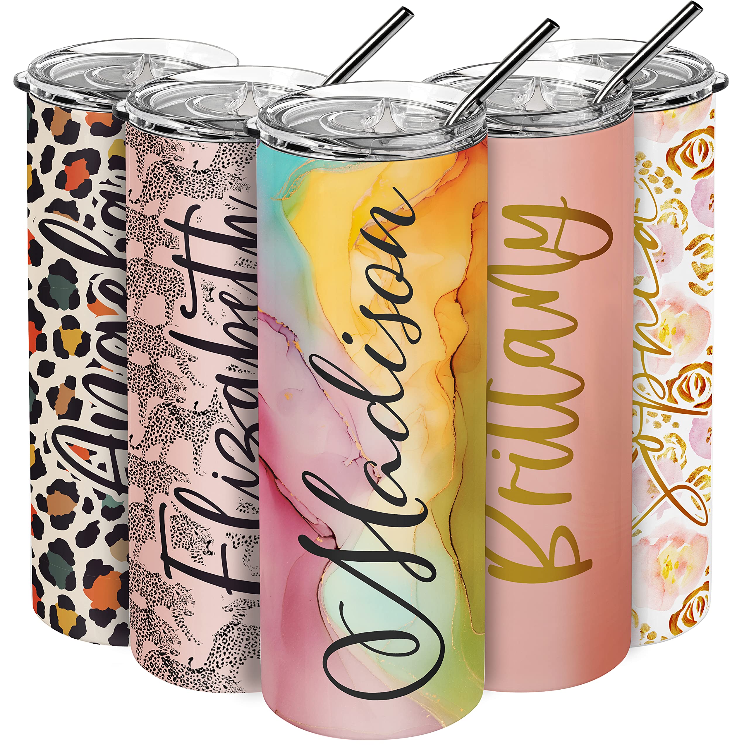 Personalized Skinny Tumbler with Lid & Straw, 20 Oz with Custom Text, 21 Color Styles, 10 Fonts - Personalized Gifts for Mom, Bridesmaid Proposal Gifts, Best Friend Birthday Gifts for Women