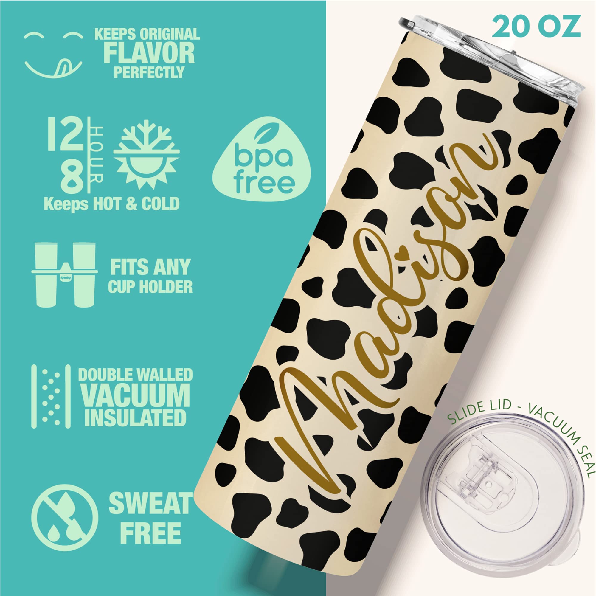 Personalized Skinny Tumbler with Lid & Straw, 20 Oz with Custom Text, 21 Color Styles, 10 Fonts - Personalized Gifts for Mom, Bridesmaid Proposal Gifts, Best Friend Birthday Gifts for Women