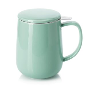 sweese 20 oz porcelain tea mug with infuser and lid, loose leaf tea cup, gifts for tea lover - mint green