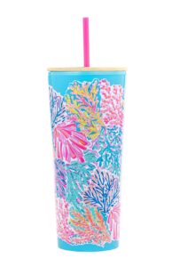 lilly pulitzer double wall tumbler with lid and reusable straw, insulated travel cup holds 24 ounces, splashdance