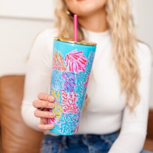 Lilly Pulitzer Double Wall Tumbler with Lid and Reusable Straw, Insulated Travel Cup Holds 24 Ounces, Splashdance