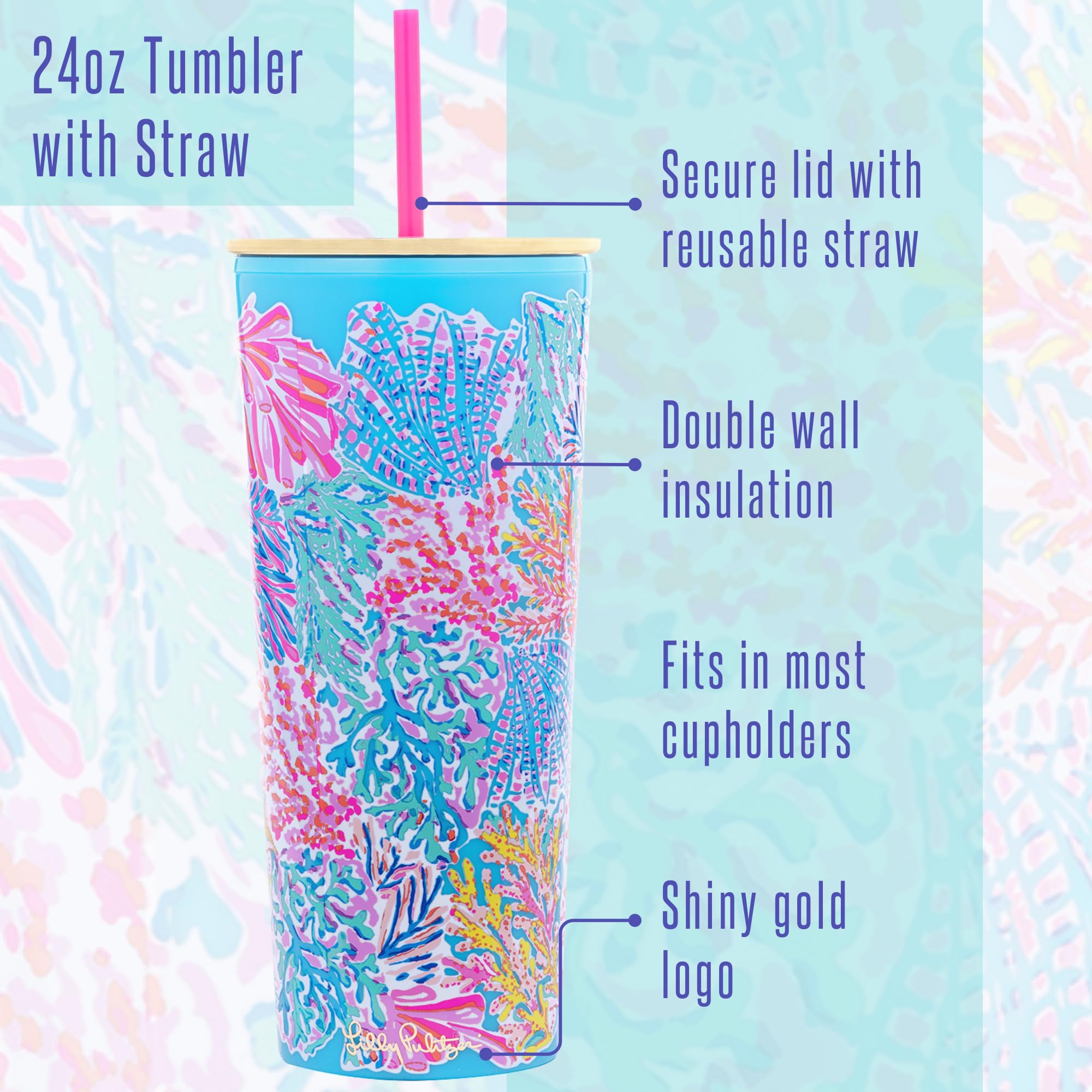 Lilly Pulitzer Double Wall Tumbler with Lid and Reusable Straw, Insulated Travel Cup Holds 24 Ounces, Splashdance