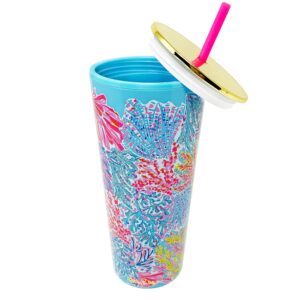 Lilly Pulitzer Double Wall Tumbler with Lid and Reusable Straw, Insulated Travel Cup Holds 24 Ounces, Splashdance