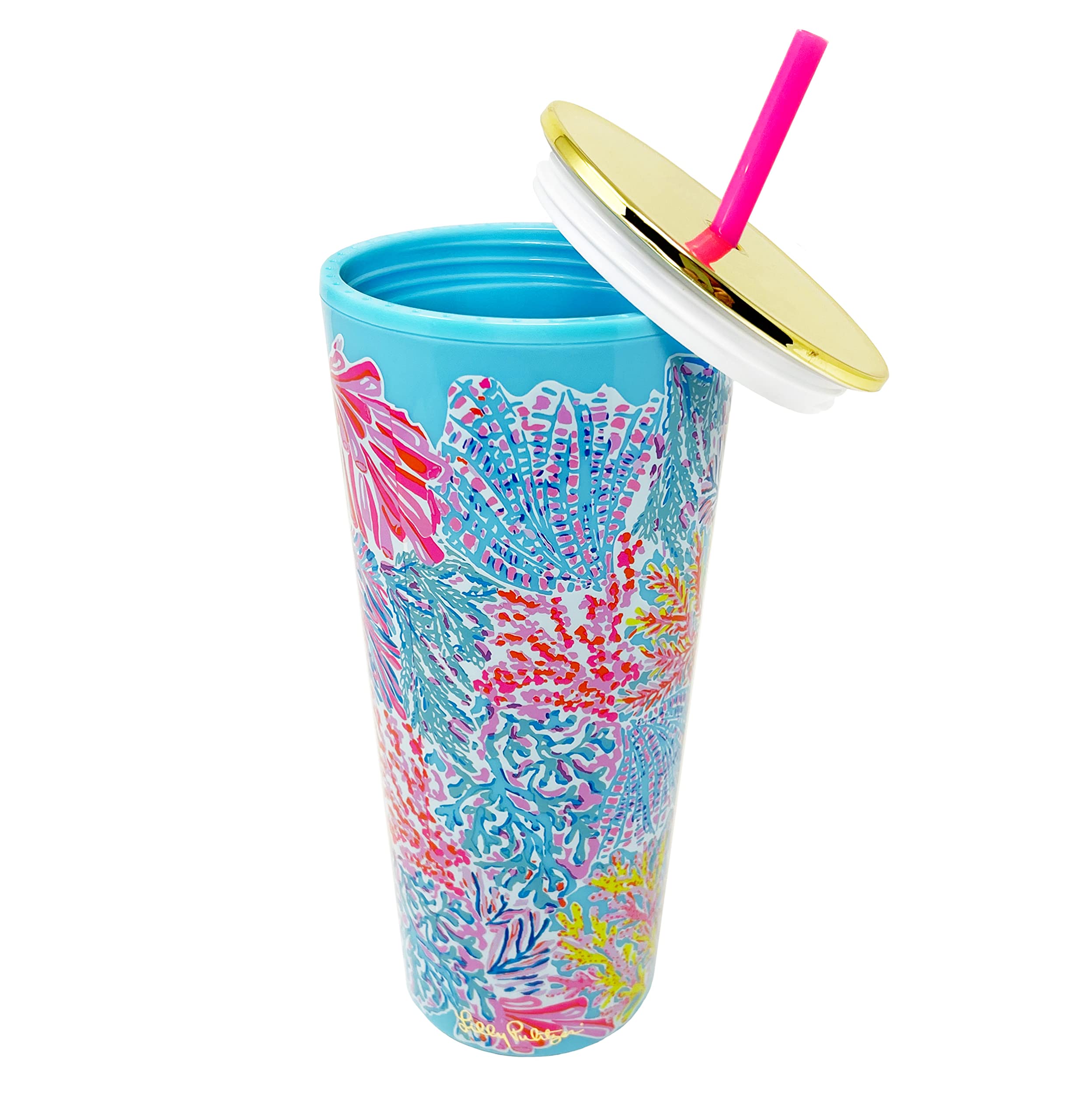 Lilly Pulitzer Double Wall Tumbler with Lid and Reusable Straw, Insulated Travel Cup Holds 24 Ounces, Splashdance