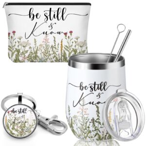 3 pcs christian gifts for women be still and know religious gifts 12 oz stainless steel tumbler inspirational scripture keychain bible verse cosmetic bag for mom church favors mother's day gifts