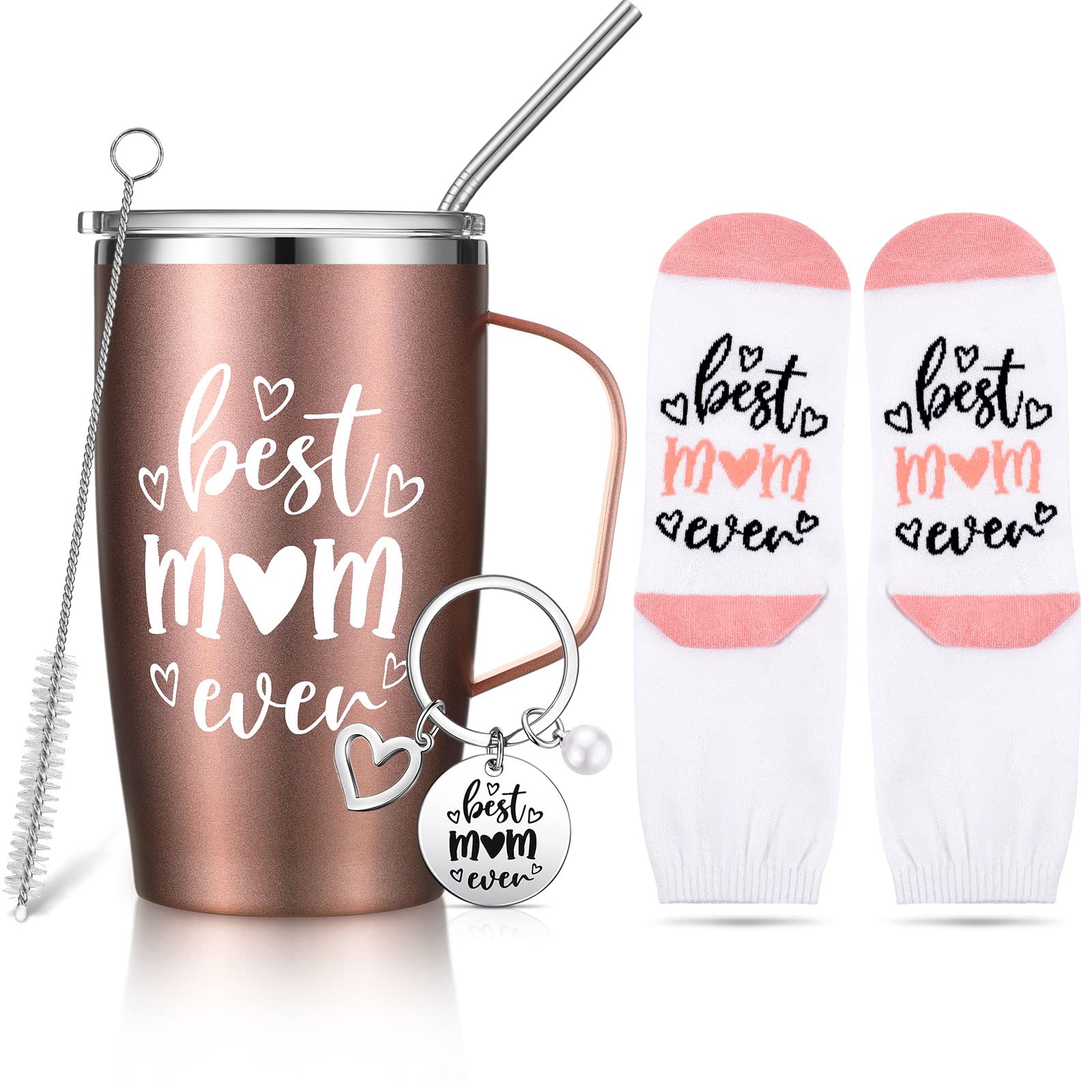 Roshtia Christmas Gifts Set for Women, Best Mom Ever Mom Tumbler 16 oz Keychain Socks from Daughter Son, Mother's Day Birthday Thanksgiving Gifts for Mom, New Mom, Mommy (Rose Gold)