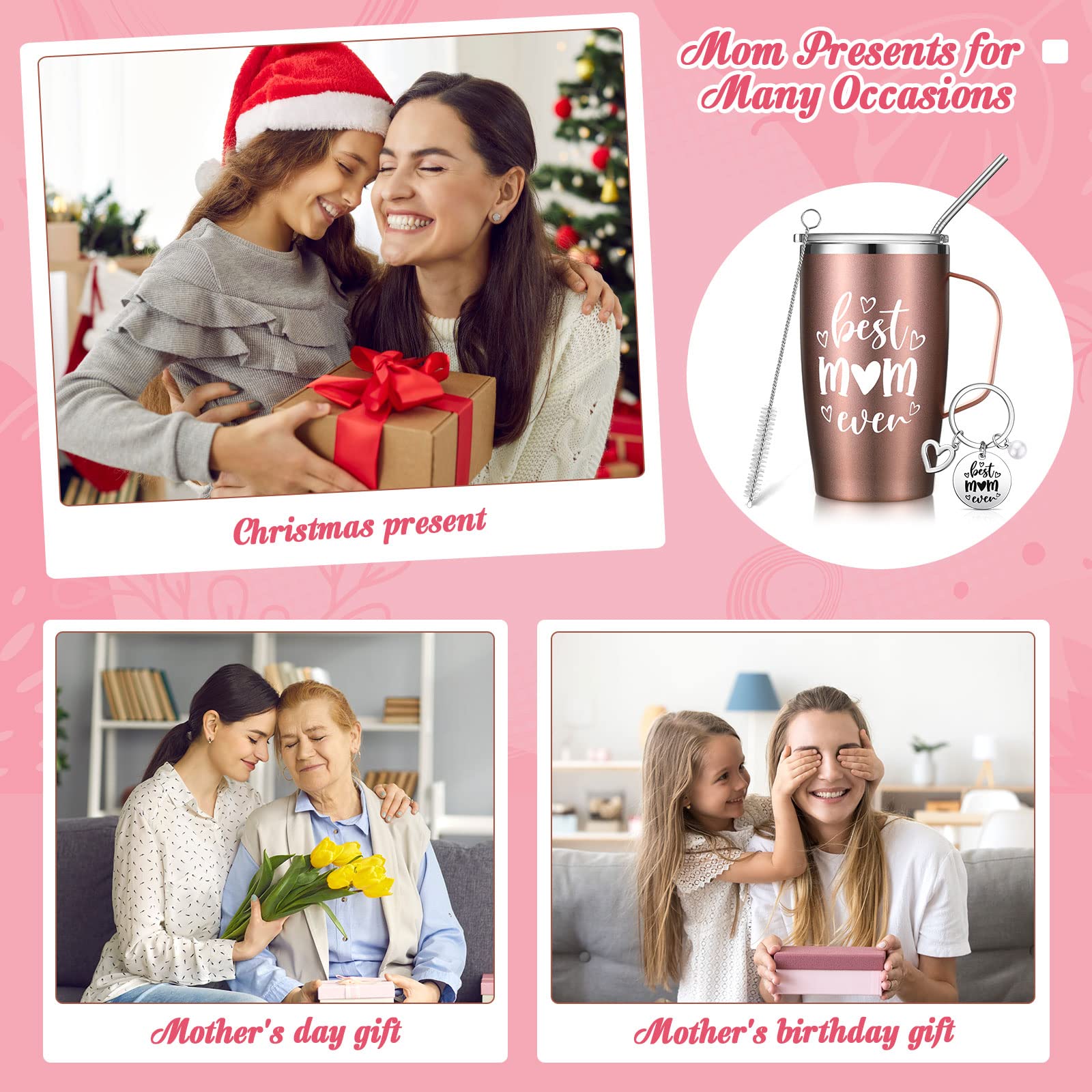 Roshtia Christmas Gifts Set for Women, Best Mom Ever Mom Tumbler 16 oz Keychain Socks from Daughter Son, Mother's Day Birthday Thanksgiving Gifts for Mom, New Mom, Mommy (Rose Gold)