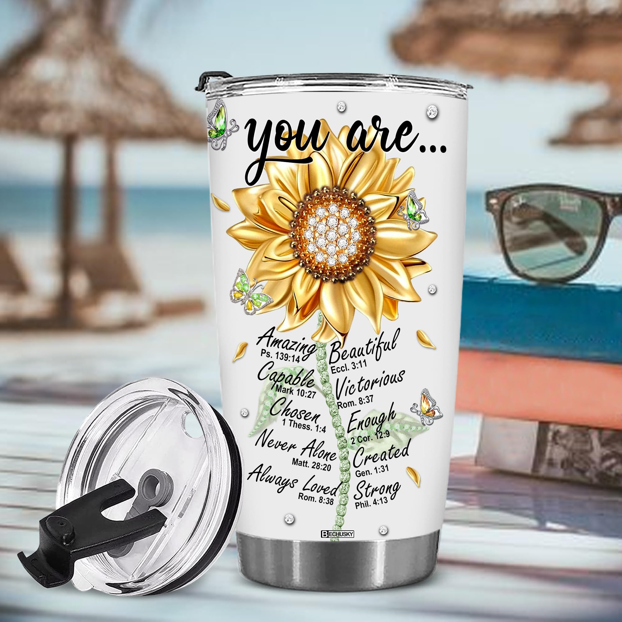 BECHUSKY Christian Gifts For Women Tumbler, Birthday Gift For Women, Unique Christian Tumbler, Religious Gifts For Women, Inspirational Gifts For Women, Bible Verse Sunflower Faith Girl Mom 20OZ