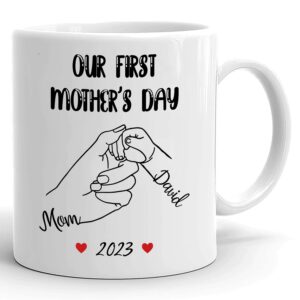 personalized first mother's day ceramic coffee mug, gift for mom from baby, mug for new mom, our first mother's day together custom names mug
