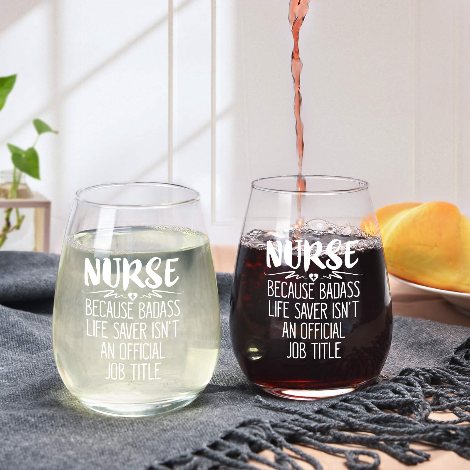 Nurse Because Badass Life Saver, 15 Oz Stemless Wine Glass, Nurse Gift for Nurse Practitioner Women Men Graduation Birthday Week Nurse Inspirational Appreciation Christmas, Funny Nurse Wine Gift