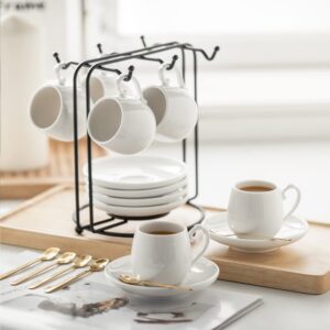 LYEOBOH Espresso Cups with Saucers Set, 3 Ounces Coffee Cups with Metal Stand and Spoons, Ceramic Cappuccino Coffee Cups Demitasse Cups for Espresso, Latte, Cafe Mocha and Tea, Set of 6, White