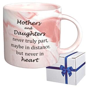 uniligis coffee mugs gifts for mom, birthday gift for mom, mother's day, mother in law, mothers and daughters never truly part maybe in distance but never in heart, 11oz