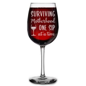 shop4ever surviving motherhood one sip at a time engraved stemmed wine glass funny new mom gift (16 oz.)