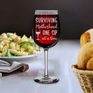 shop4ever Surviving Motherhood One Sip At A Time Engraved Stemmed Wine Glass Funny New Mom Gift (16 oz.)