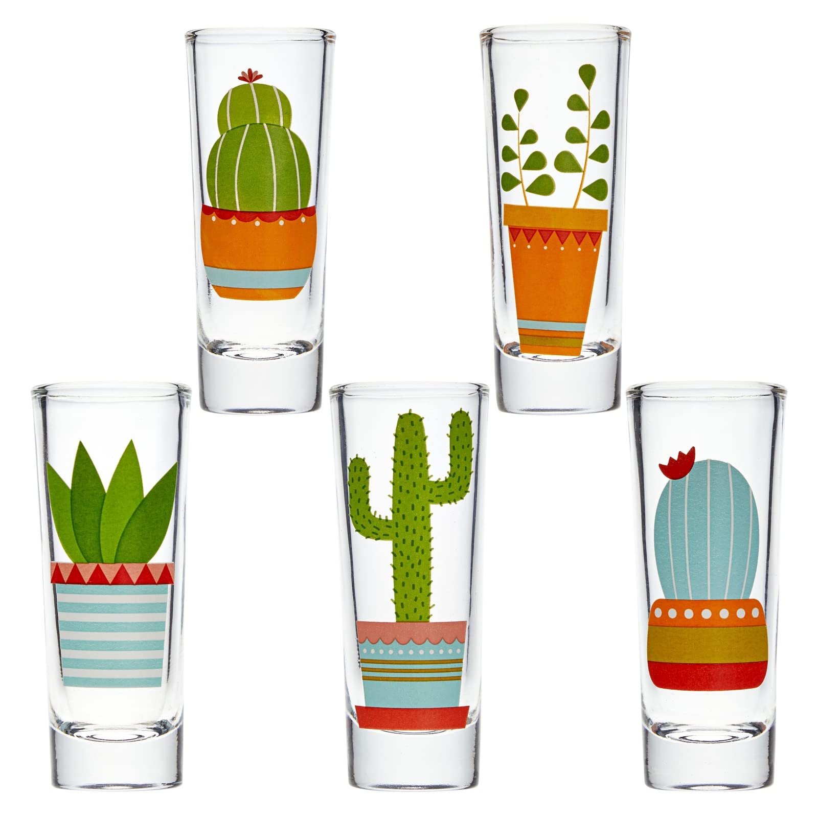 BLUE PANDA 5 Pack Shot Glasses Set with Cactus Designs for Bachelorette, Fiesta Supplies, Western-Themed Party, Round, Decorative Shot Glasses with Heavy Base for Tequila, Whiskey, Vodka (2 oz)