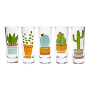 BLUE PANDA 5 Pack Shot Glasses Set with Cactus Designs for Bachelorette, Fiesta Supplies, Western-Themed Party, Round, Decorative Shot Glasses with Heavy Base for Tequila, Whiskey, Vodka (2 oz)