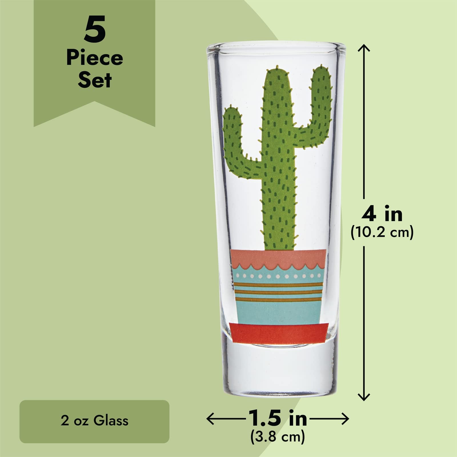 BLUE PANDA 5 Pack Shot Glasses Set with Cactus Designs for Bachelorette, Fiesta Supplies, Western-Themed Party, Round, Decorative Shot Glasses with Heavy Base for Tequila, Whiskey, Vodka (2 oz)